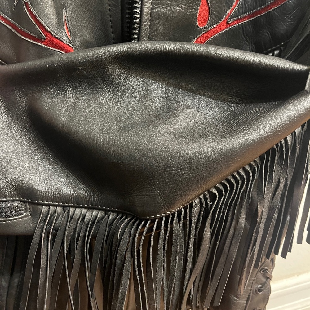 3M Thinsulate Black Leather Jacket with Red Floral Embroidery - Picture 4 of 11